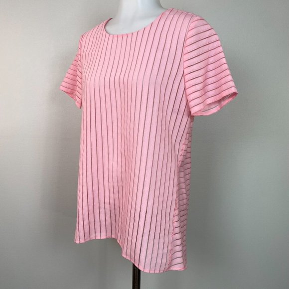 J. Crew Top 2 Pink Semi-Sheer Striped Short Sleeve Blouse Women's - Picture 3 of 11